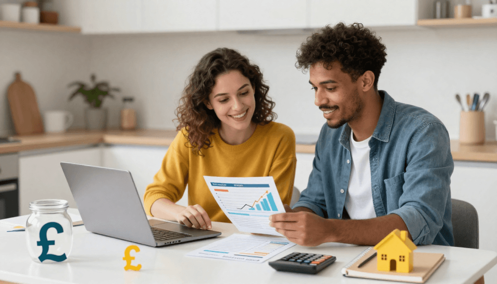 Beginners reviewing a household budget and savings plan in a UK home setting