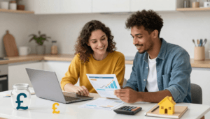 Beginners reviewing a household budget and savings plan in a UK home setting