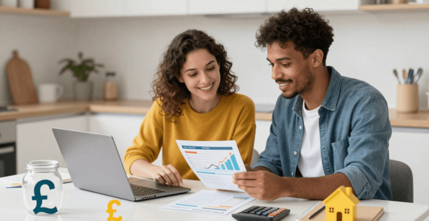 Beginners reviewing a household budget and savings plan in a UK home setting