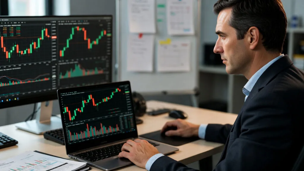 “UK professional reviewing passive income investments on a laptop with financial charts and graphs on screen.”