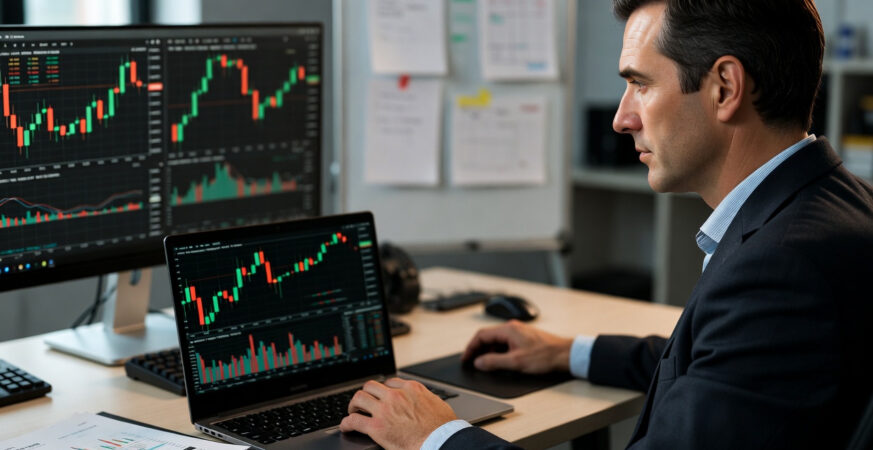 “UK professional reviewing passive income investments on a laptop with financial charts and graphs on screen.”