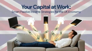 Illustration of UK passive income streams, including property, stocks, and digital products