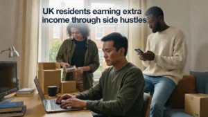Three people in a UK home working on laptops, packaging items, and using smartphones for side income activities