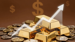 Gold bars with financial chart representing the gold market cap and global investment value.