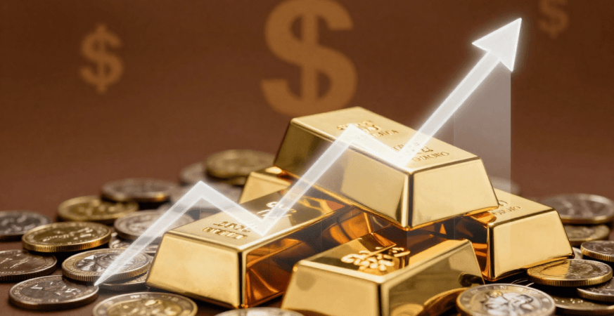 Gold bars with financial chart representing the gold market cap and global investment value.