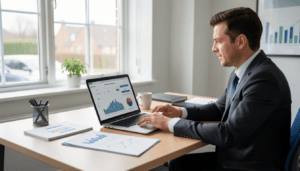 UK customer reviewing Bank of Scotland car finance options on a laptop in a modern office setting.
