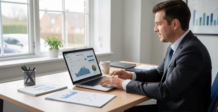 UK customer reviewing Bank of Scotland car finance options on a laptop in a modern office setting.