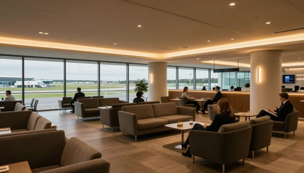 Airport lounge area in a UK airport showing seating and calm travel environment