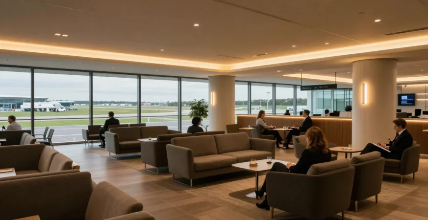 Airport lounge area in a UK airport showing seating and calm travel environment