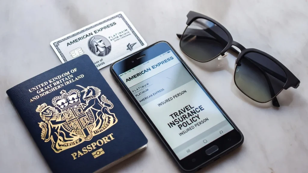 Flat lay with UK passport, American Express card, smartphone showing insurance policy, and sunglasses on grey marble background