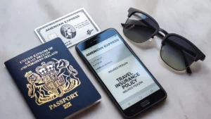 Flat lay with UK passport, American Express card, smartphone showing insurance policy, and sunglasses on grey marble background