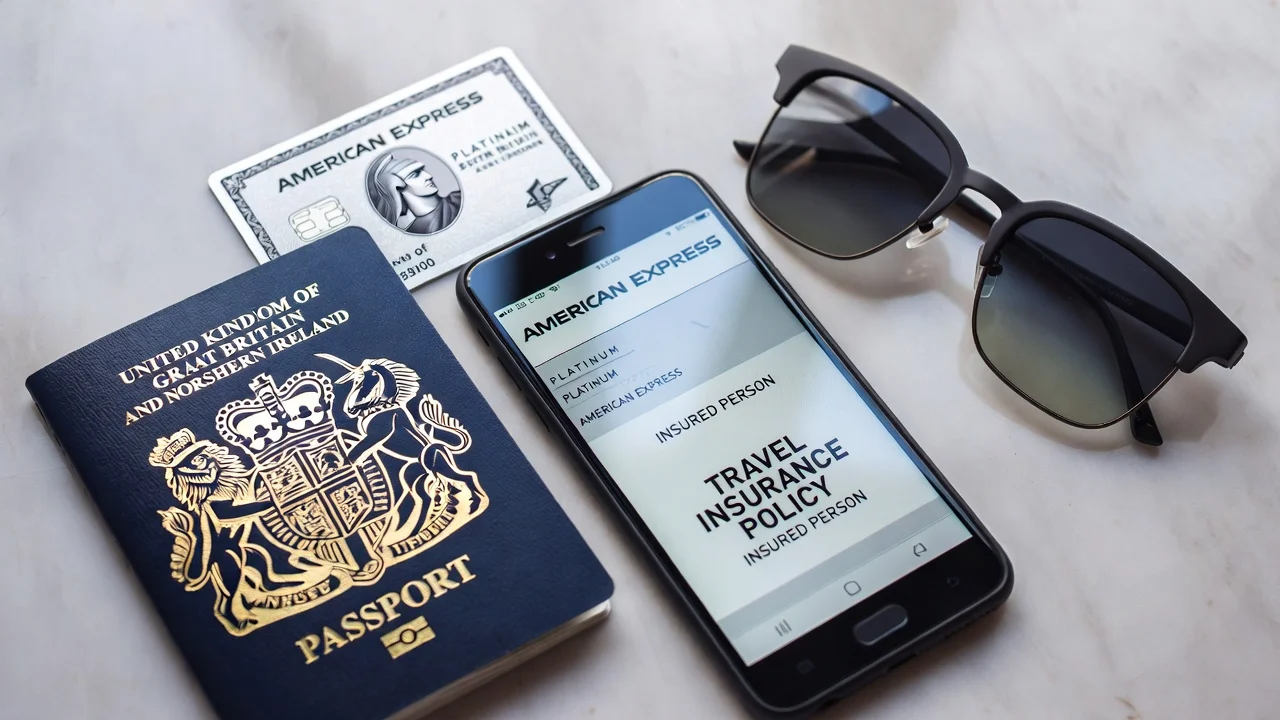 Flat lay with UK passport, American Express card, smartphone showing insurance policy, and sunglasses on grey marble background