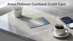 American Express Platinum Cashback Credit Card displayed on marble surface with smartphone and coffee, representing UK consumer finance and reward credit cards