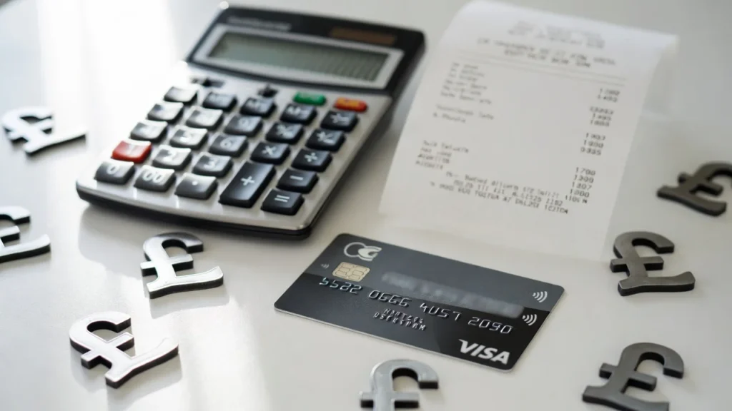 Cashback credit card with UK pound symbols and shopping receipt