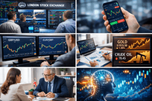 Smartphone displaying a UK trading app interface with stock charts and investment options.