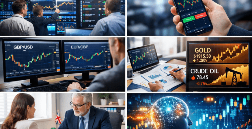 Smartphone displaying a UK trading app interface with stock charts and investment options.