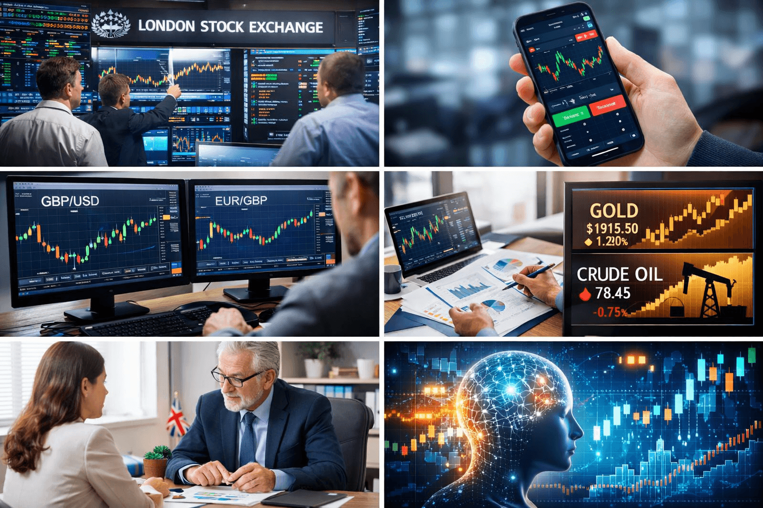 Smartphone displaying a UK trading app interface with stock charts and investment options.