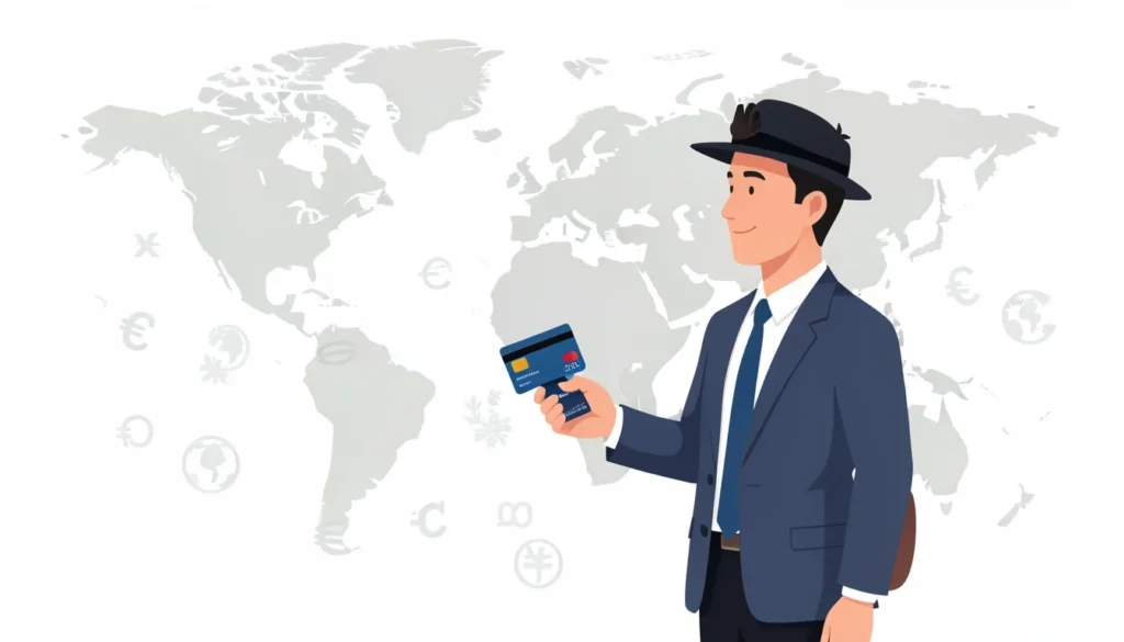 UK traveller using a credit card for overseas payments with currency symbols