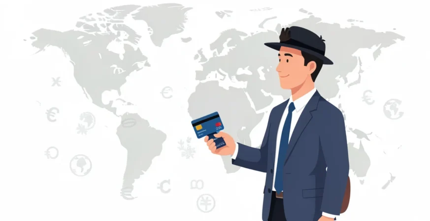 UK traveller using a credit card for overseas payments with currency symbols