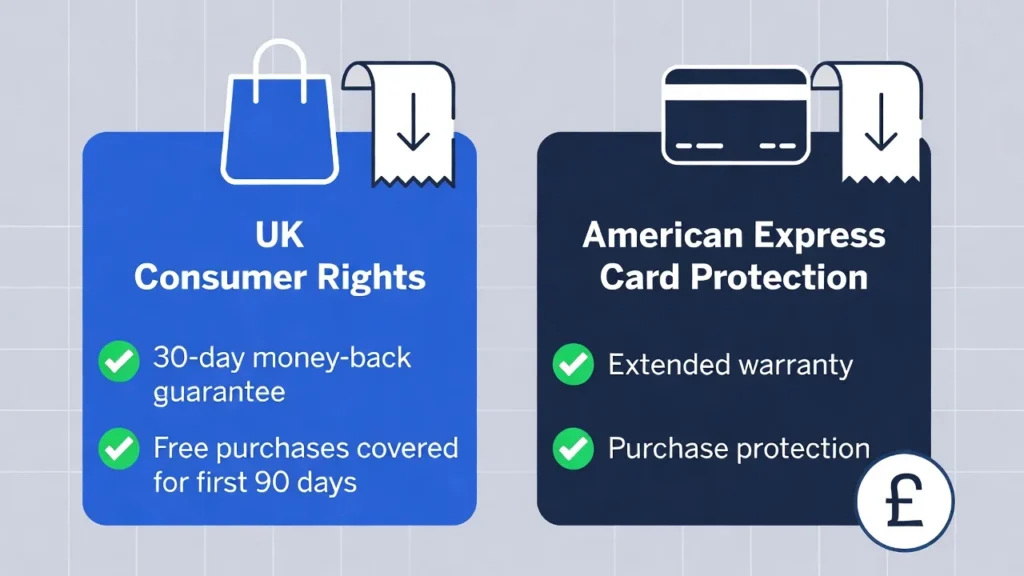 Visual comparison of American Express card protections and UK consumer rights for shoppers in the United Kingdom