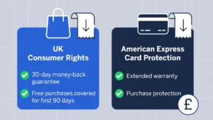 Visual comparison of American Express card protections and UK consumer rights for shoppers in the United Kingdom