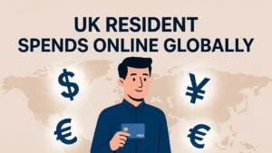UK resident using a foreign credit card for international spending with various currency symbols