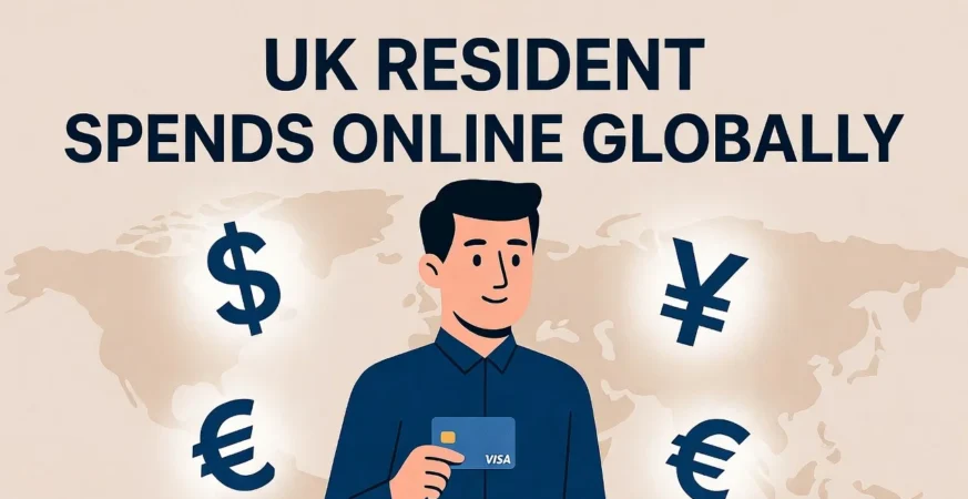 UK resident using a foreign credit card for international spending with various currency symbols