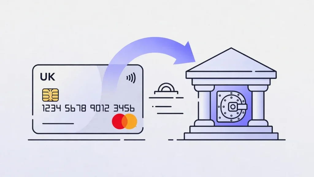 Illustration of a money transfer credit card sending funds to a UK bank account