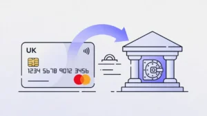 Illustration of a money transfer credit card sending funds to a UK bank account