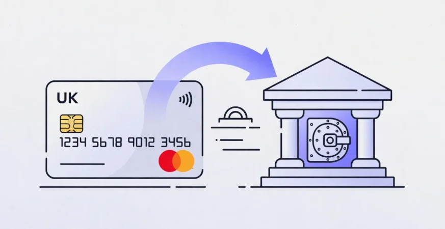 Illustration of a money transfer credit card sending funds to a UK bank account