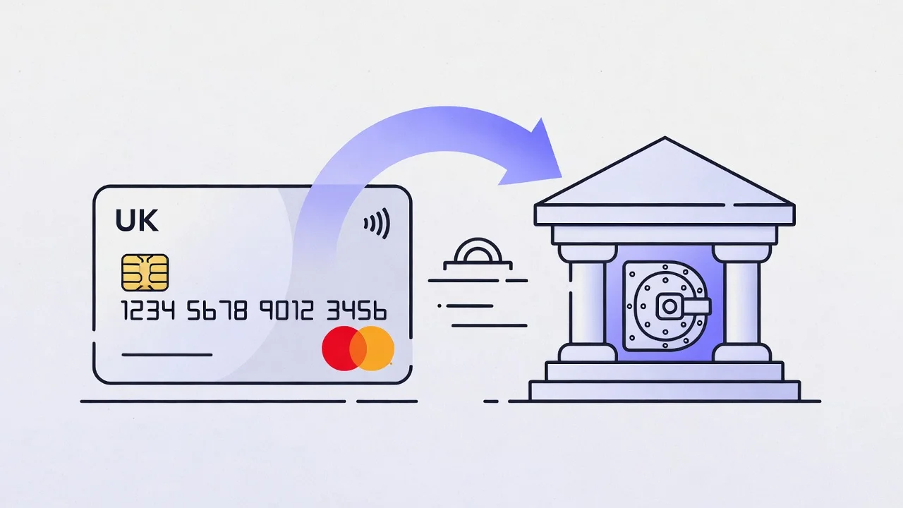 Illustration of a money transfer credit card sending funds to a UK bank account