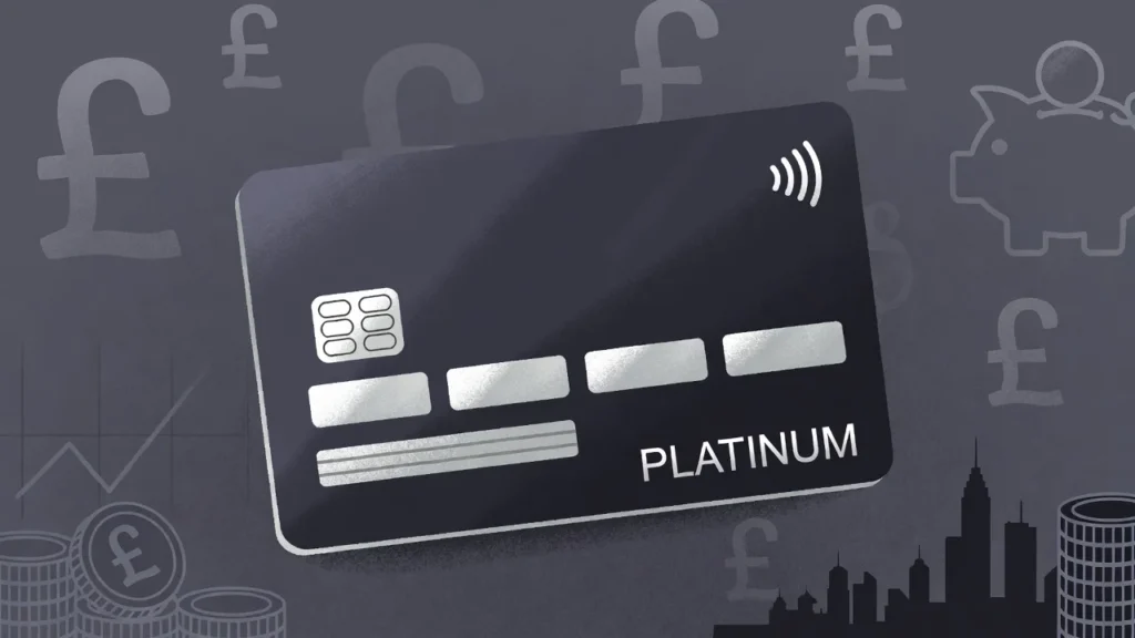 Platinum credit card with UK financial symbols and London skyline in background