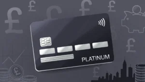 Platinum credit card with UK financial symbols and London skyline in background