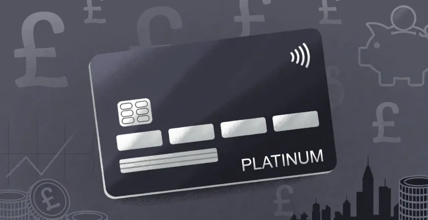 Platinum credit card with UK financial symbols and London skyline in background