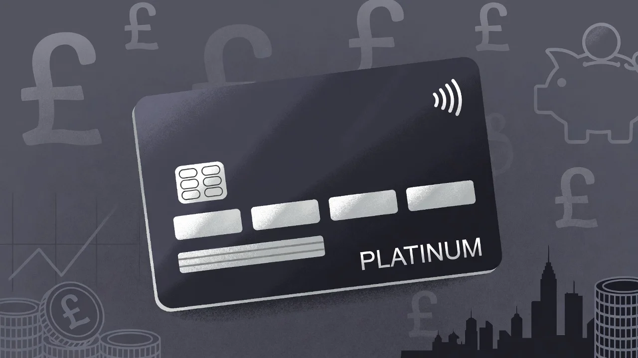 Platinum credit card with UK financial symbols and London skyline in background