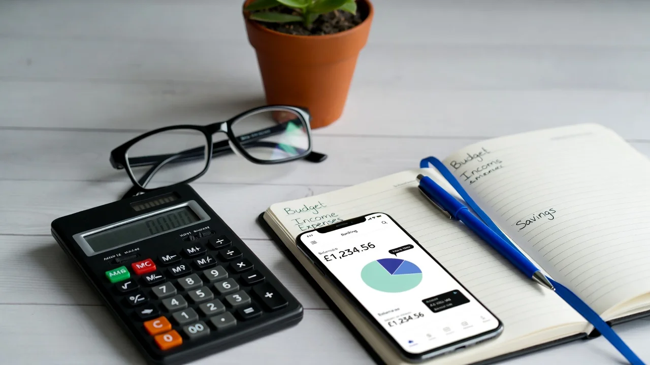 Flat lay of calculator, notebook with budget, smartphone with banking app, and glasses, representing UK financial planning for loans.