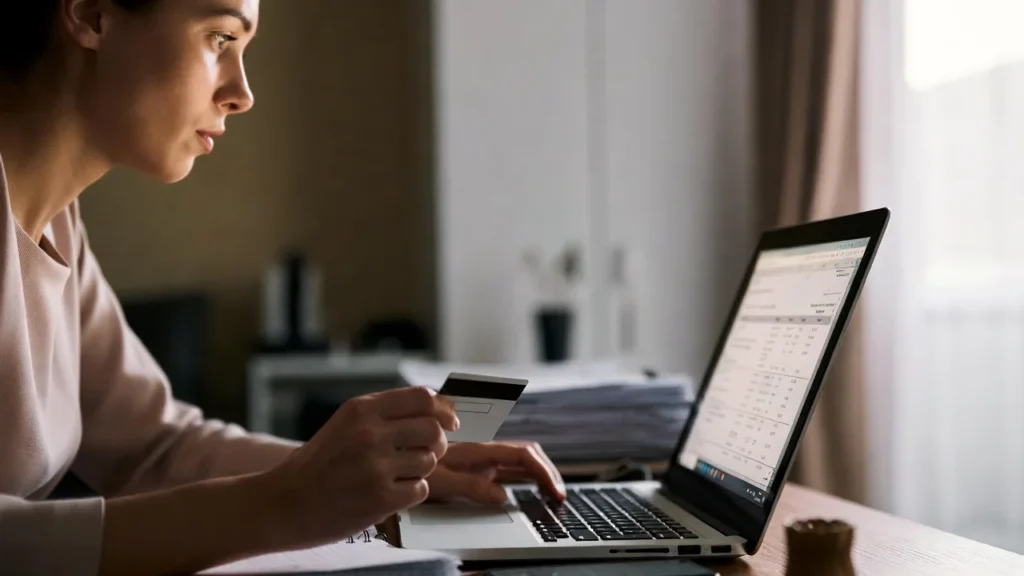 Person reviewing credit reference agency file on laptop with printed report and magnifying glass
