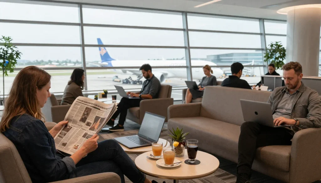 UK airport lounge with travellers using laptops and enjoying refreshments