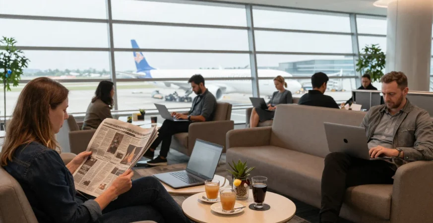 UK airport lounge with travellers using laptops and enjoying refreshments
