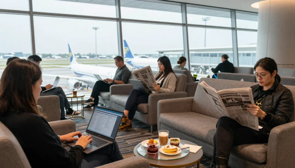 airport lounge with travellers using laptops and enjoying refreshments