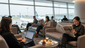 airport lounge with travellers using laptops and enjoying refreshments