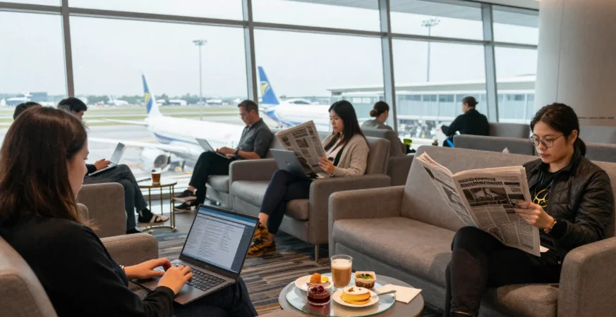 airport lounge with travellers using laptops and enjoying refreshments