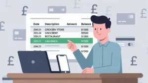 Generic platinum UK credit card with coins and notebook, representing cashback rewards and financial management.