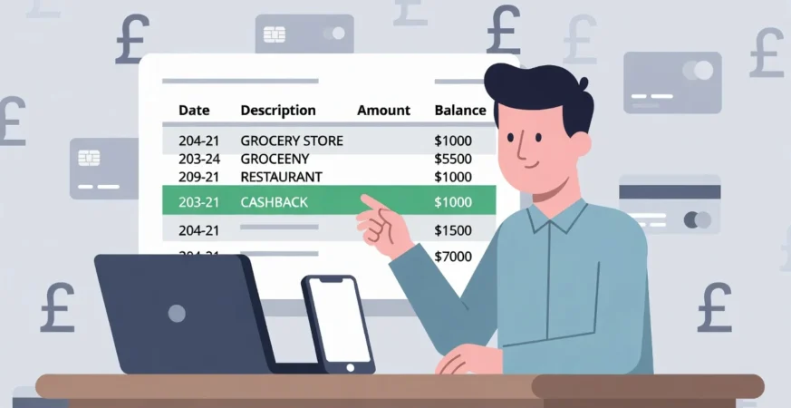 Generic platinum UK credit card with coins and notebook, representing cashback rewards and financial management.