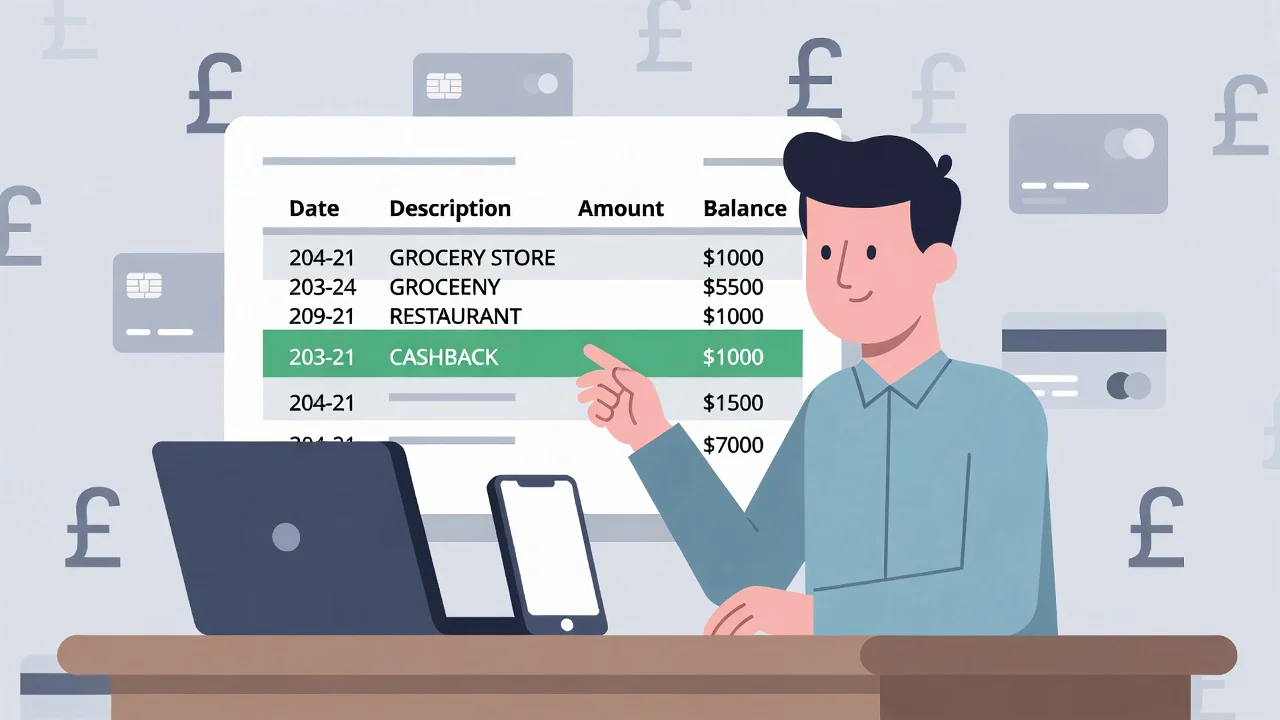 Generic platinum UK credit card with coins and notebook, representing cashback rewards and financial management.