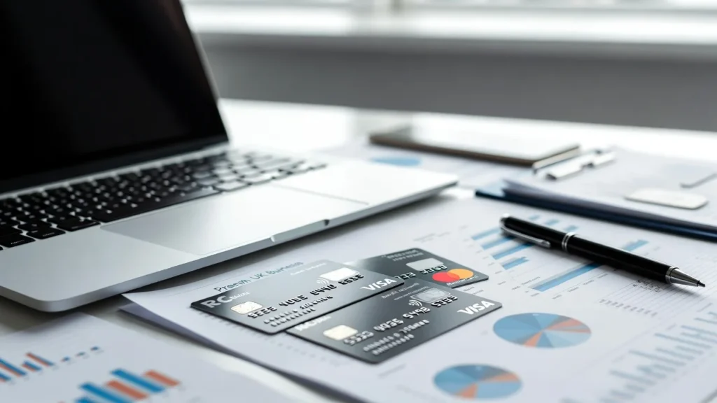 Premium business elite credit cards displayed on a modern office desk representing UK business finance options