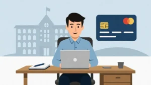 Illustration of a UK student learning about how student credit cards work, showing responsible money management and financial education.