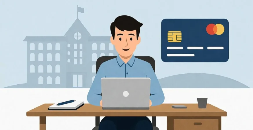 Illustration of a UK student learning about how student credit cards work, showing responsible money management and financial education.