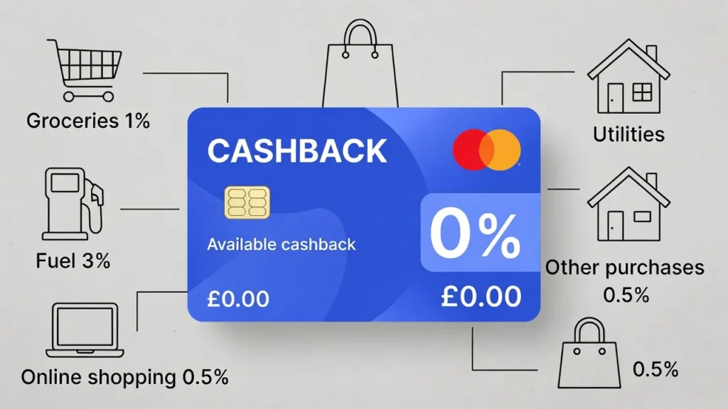 Cashback credit card illustration with UK shopping icons and cashback rewards percentages