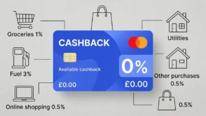 Cashback credit card illustration with UK shopping icons and cashback rewards percentages